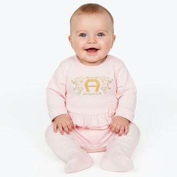 Baby Girls Pink & Gold Logo Babygrow