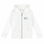 Boys White Logo Zip Up Hooded Top, 1, hi-res