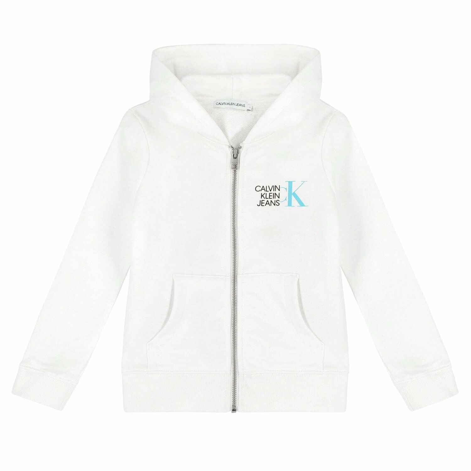 Boys White Logo Zip Up Hooded Top, 1, hi-res