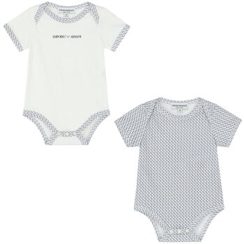 Baby Boys Ivory & Blue Logo Bodysuits ( 2-Pack )