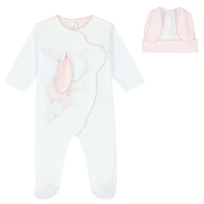 Baby Girls White & Pink Bunny Babygrow Set