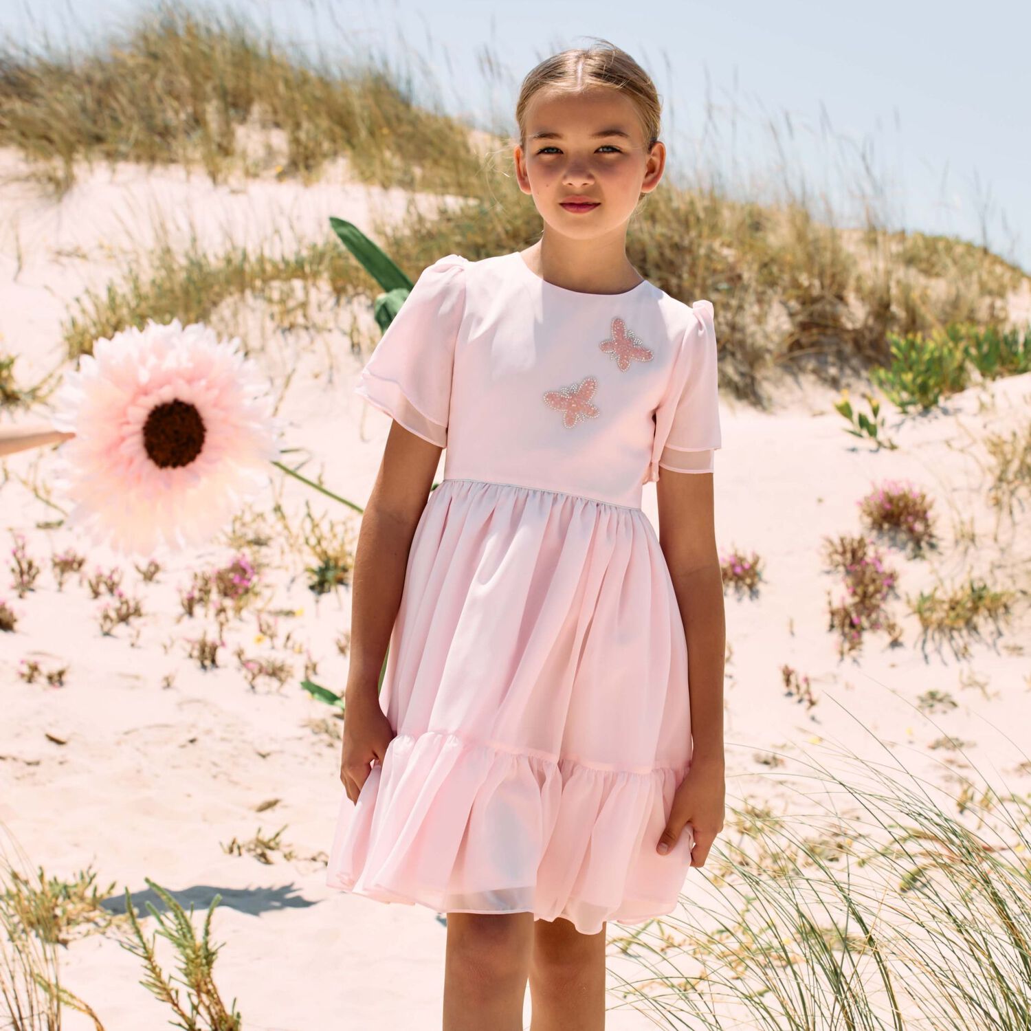 فستان شيفون مزين باللون الوردي للبنات, 1, hi-res image number null