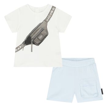 Younger Boys White & Blue Logo Shorts Set