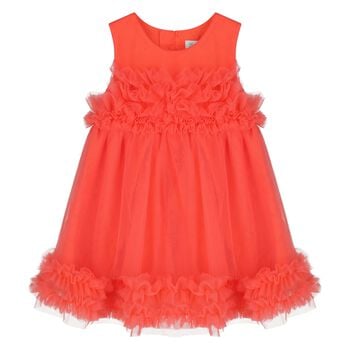 Younger Girls Coral Ruffled Tulle Dress