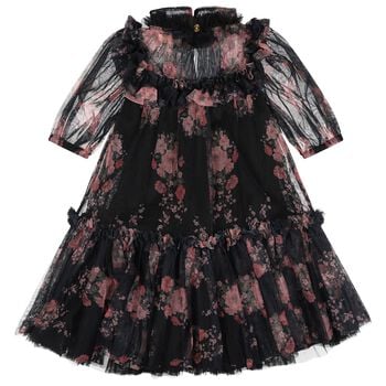 Girls Navy Blue & Pink Floral Tulle Myrtisa Dress