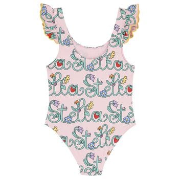 بدلة سباحة بالشعار وطبعة الزهور باللون الوردي للبنات