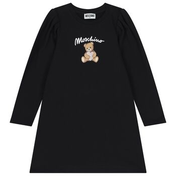 Girls Black Teddy Bear Logo Dress
