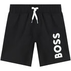 Boys Black Logo Swim Shorts, 1, hi-res