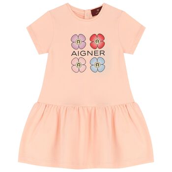 Younger Girls Pink Flower Logo Dress