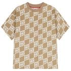 Boys Beige & White Check Logo T-Shirt, 1, hi-res