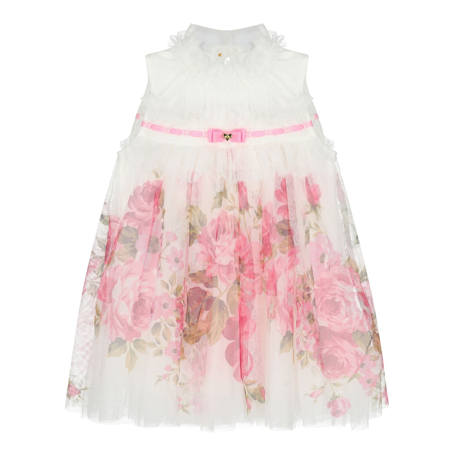 Baby Girls White & Pink Floral Tulle Dress, 1, hi-res