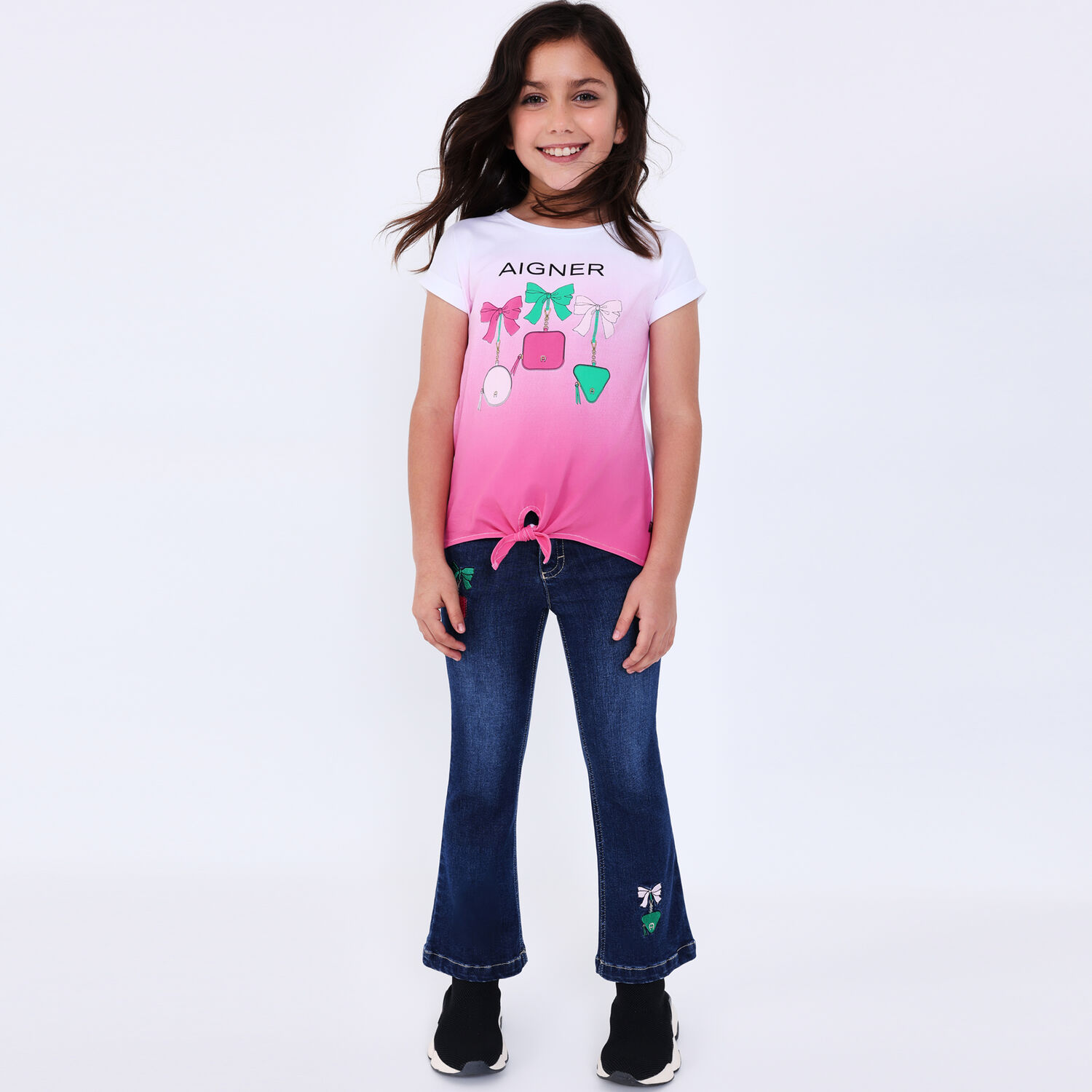 Girls Blue Denim Logo Trousers, 1, hi-res