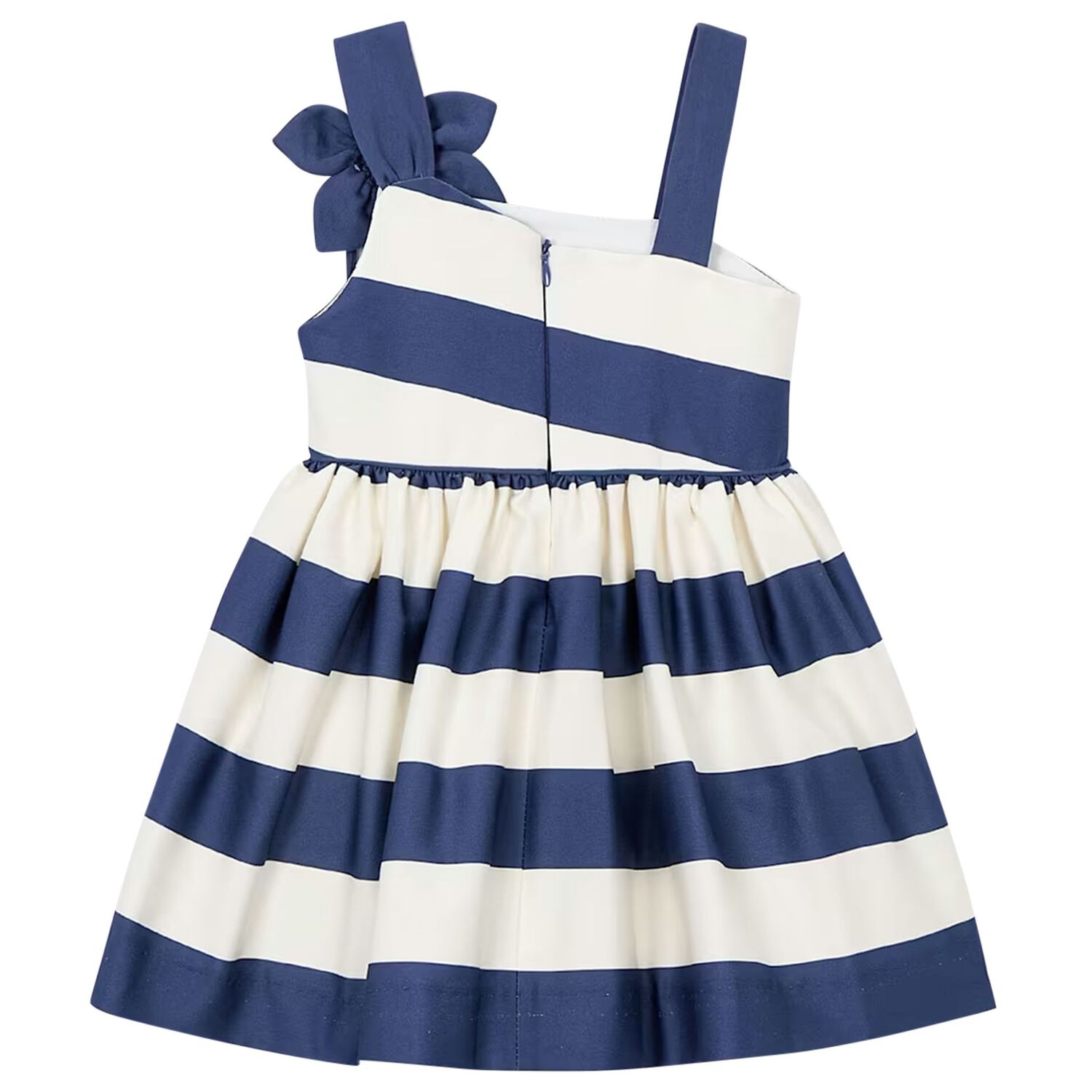 Girls Ivory & Navy Blue Striped Flower Dress, 2, hi-res