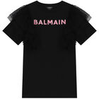 Girls Black Logo Ruffled Dress, 1, hi-res