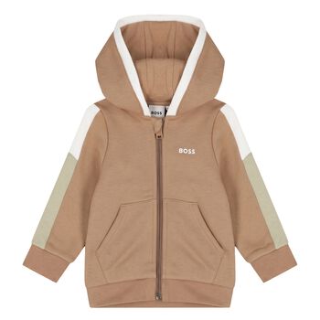 Younger Boys Beige Hooded Zip Up Top