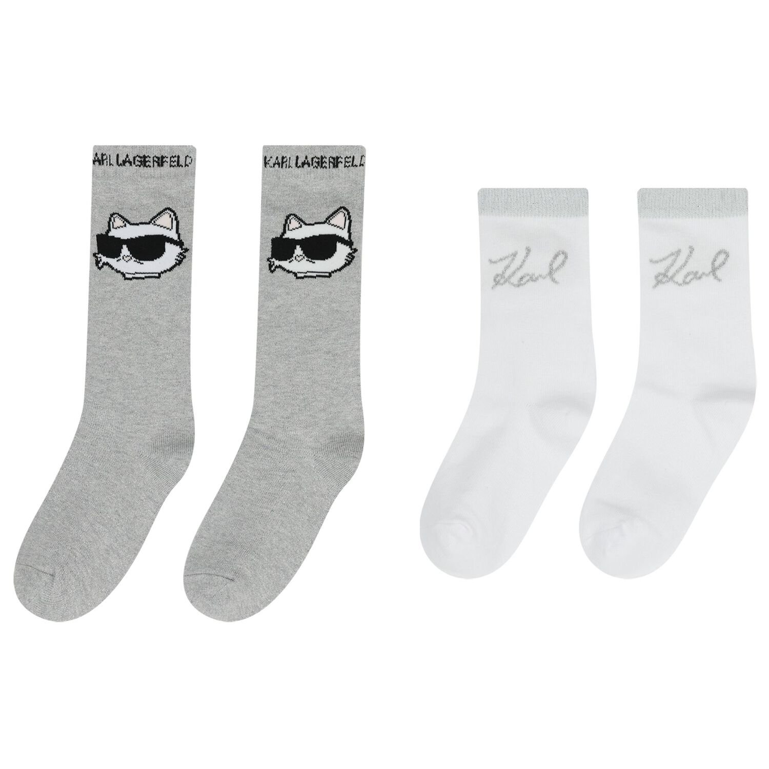Girls Grey & White Choupette & Logo Socks ( 2 Pack ), 1, hi-res