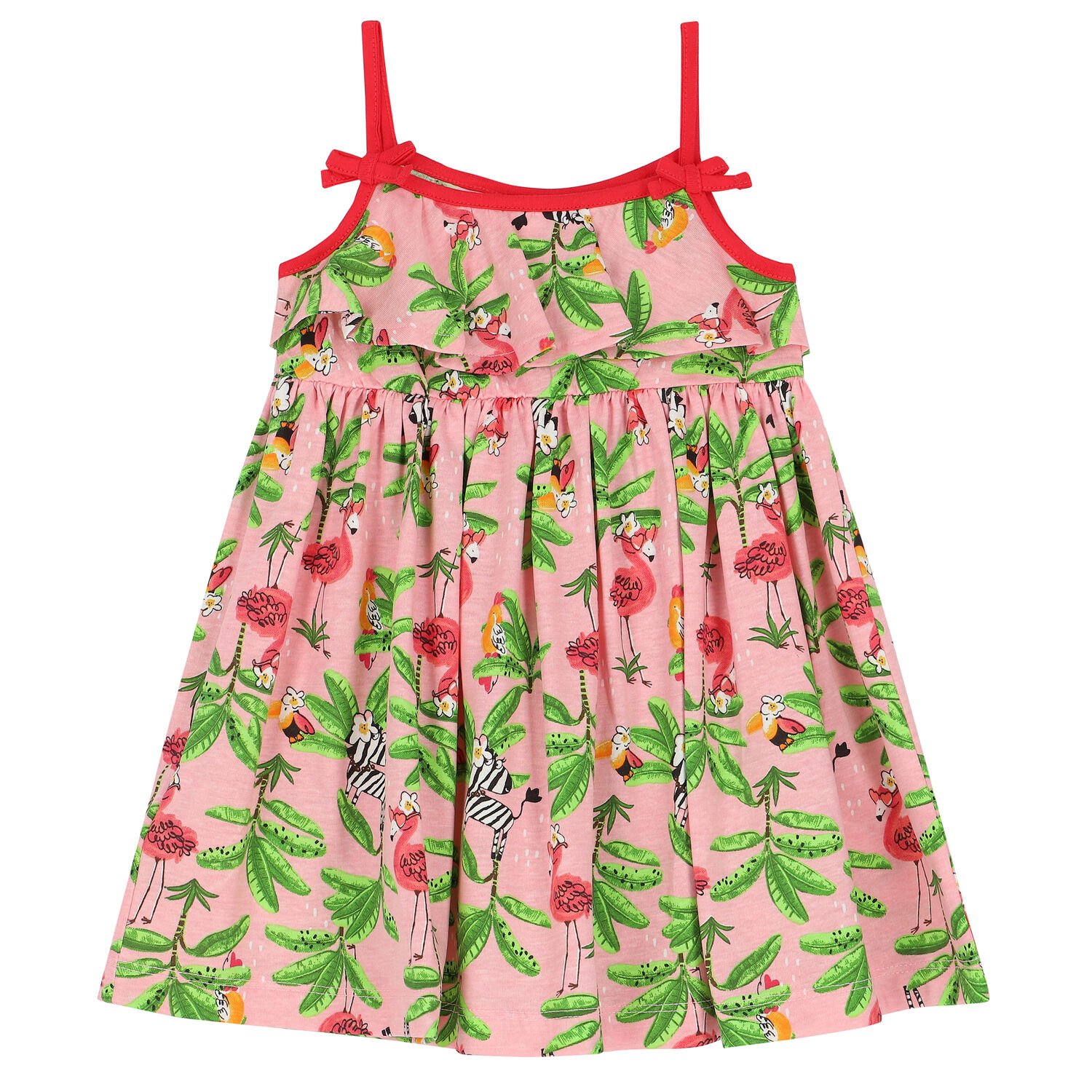 Younger Girls Pink & Green Flamingo Dress, 1, hi-res