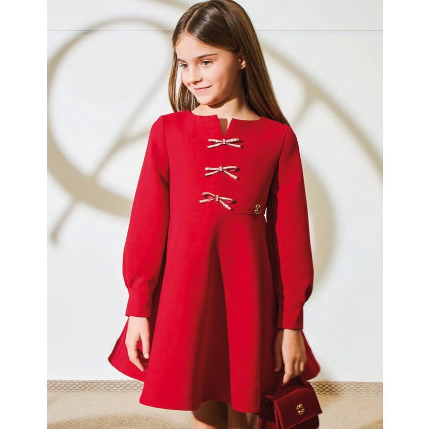Girls Red Diamante Bow Dress, 2, hi-res