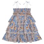Girls Blue & Beige Floral Tiered Dress, 1, hi-res