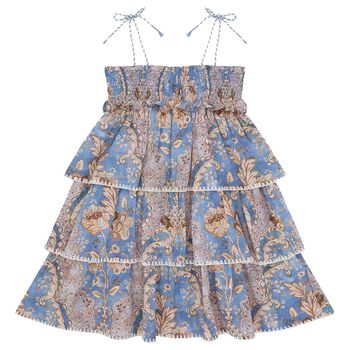 Girls Blue & Beige Floral Tiered Dress