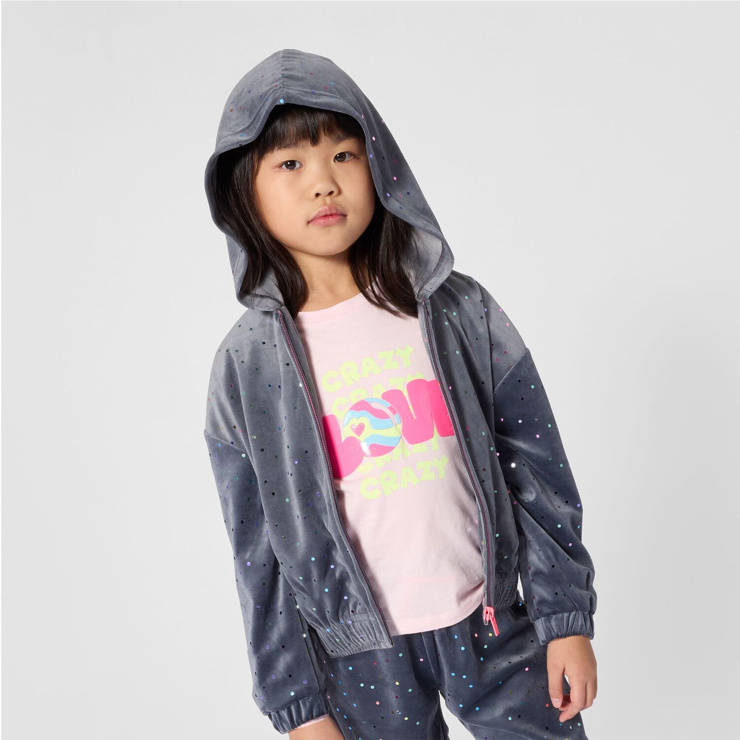 Girls Grey Dot Hooded Zip Up Top, 1, hi-res
