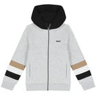 Boys Grey Logo Hooded Zip Up Top, 1, hi-res