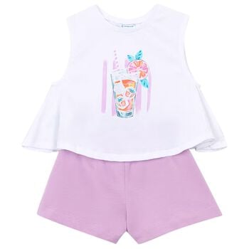 طقم شورت للبنات باللون الابيض والوردي