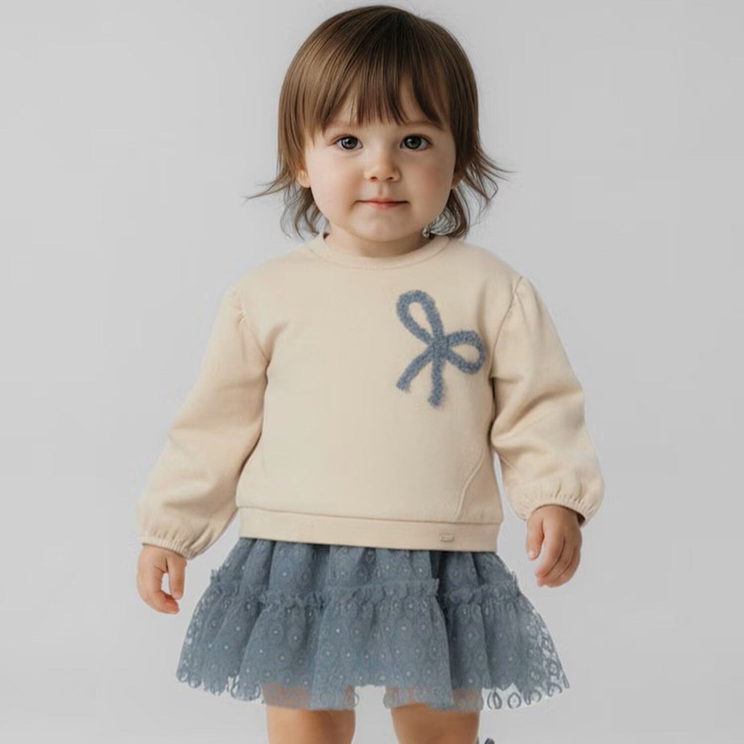 Younger Girls Beige & Blue Tulle Skirt Set, 1, hi-res