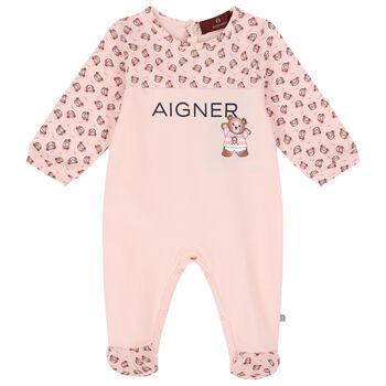 Baby Girls Pink Teddy Bear Logo Babygrow