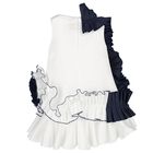 Girls White & Navy Blue Ruffled Dress, 1, hi-res