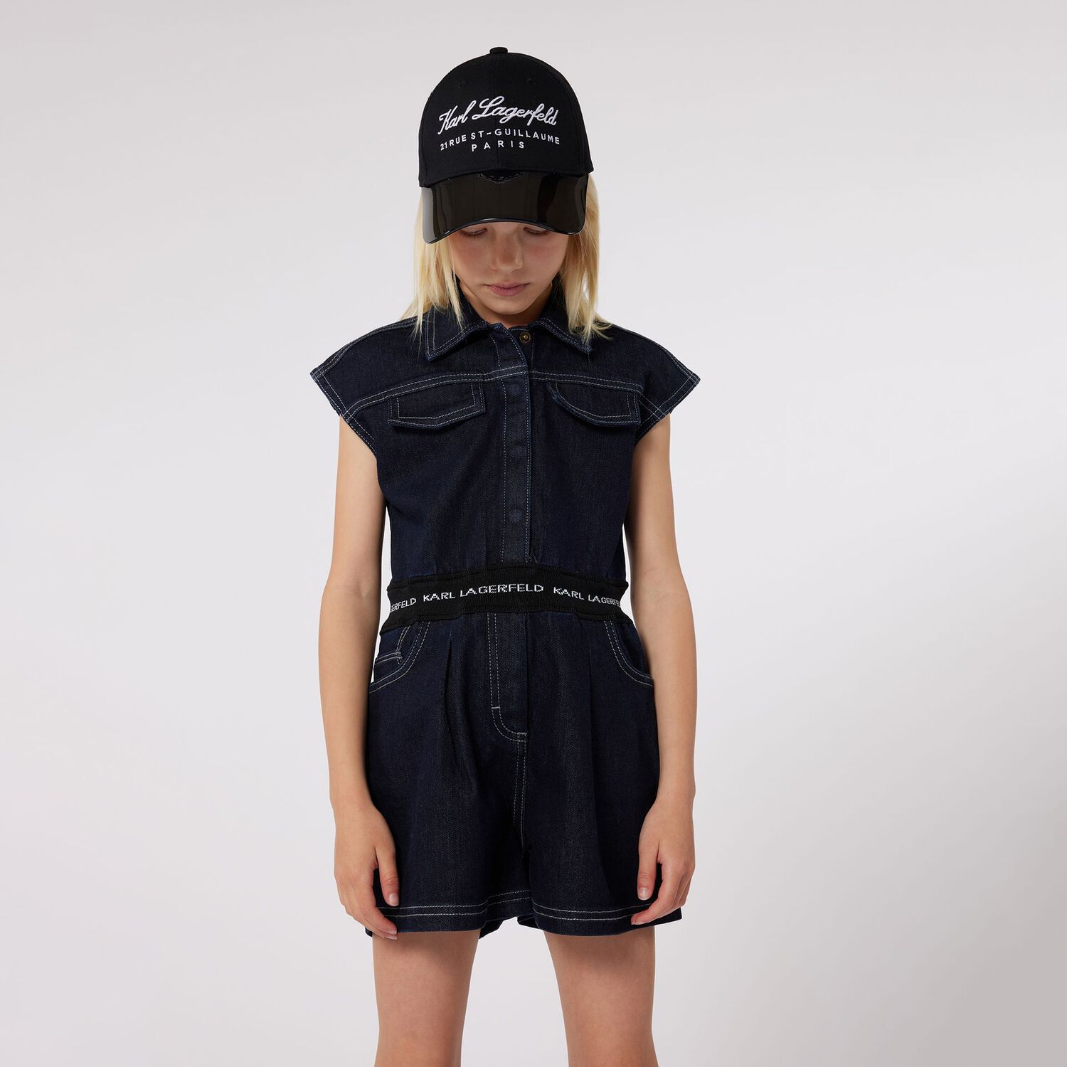Girls Blue Logo Denim Playsuit, 1, hi-res image number null