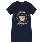Girls Navy Blue Teddy Bear Logo Dress, 1, hi-res