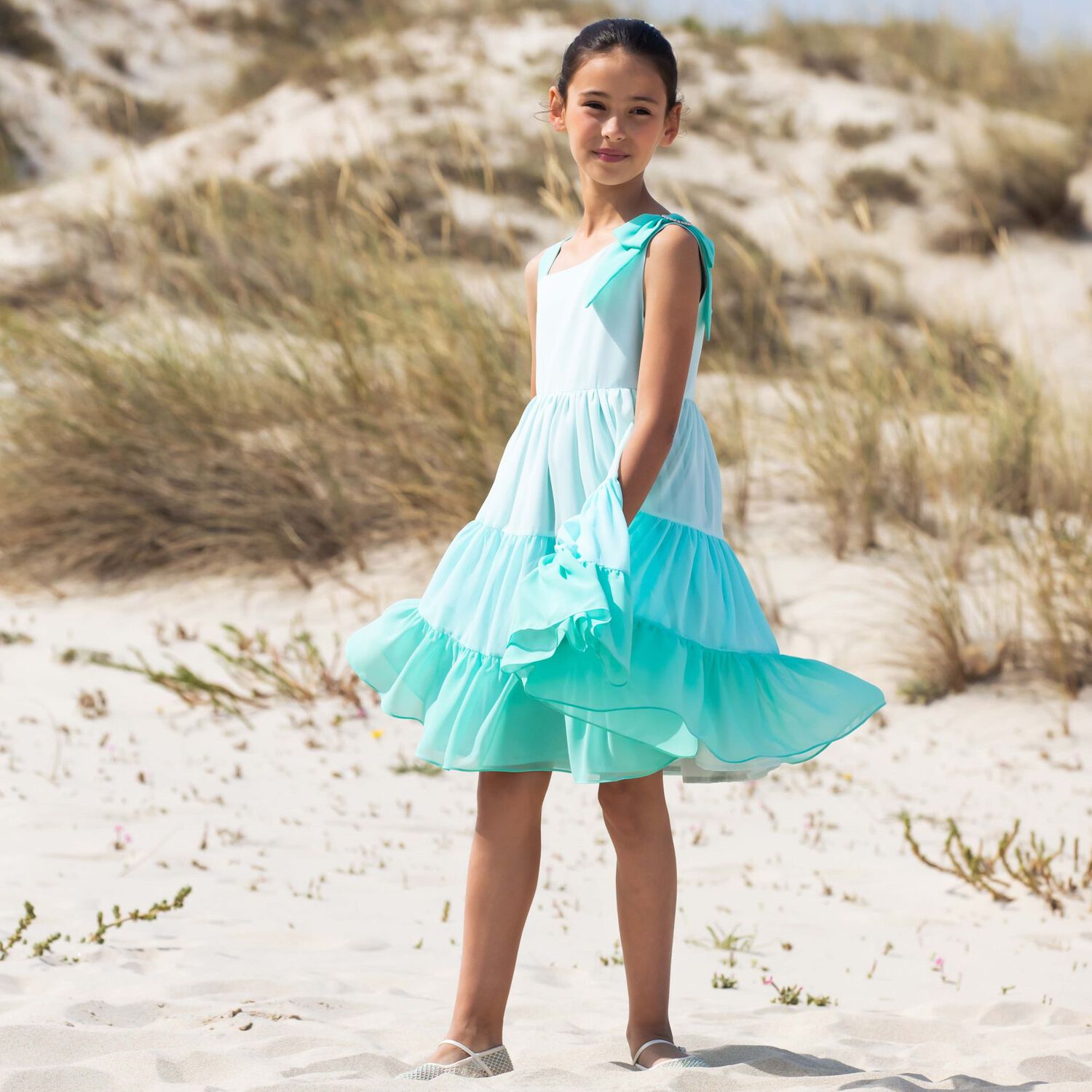 Girls Turquoise Chiffon Dress, 1, hi-res image number null