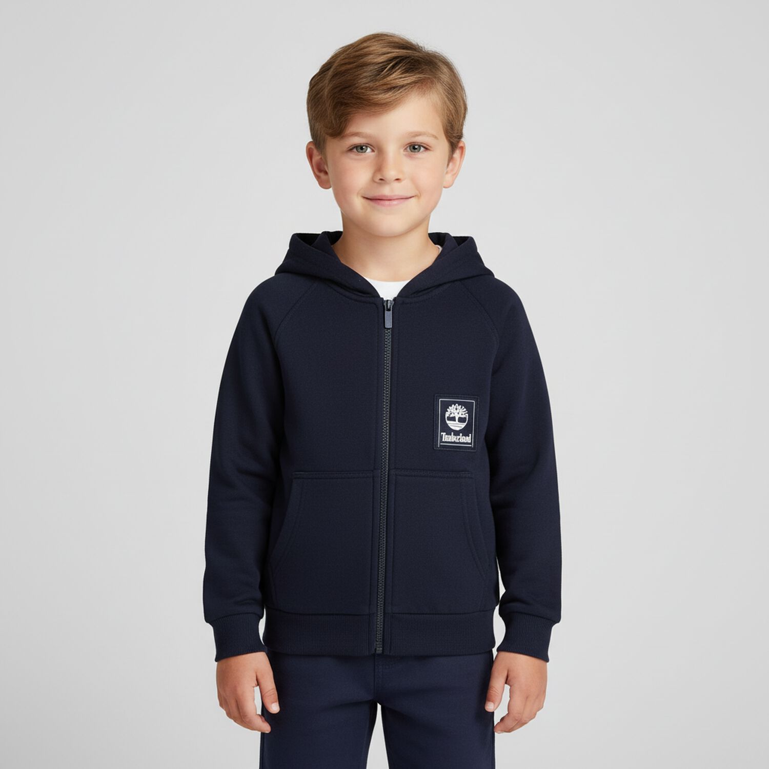 Boys Navy Blue Logo Hooded Zip Up Top, 1, hi-res