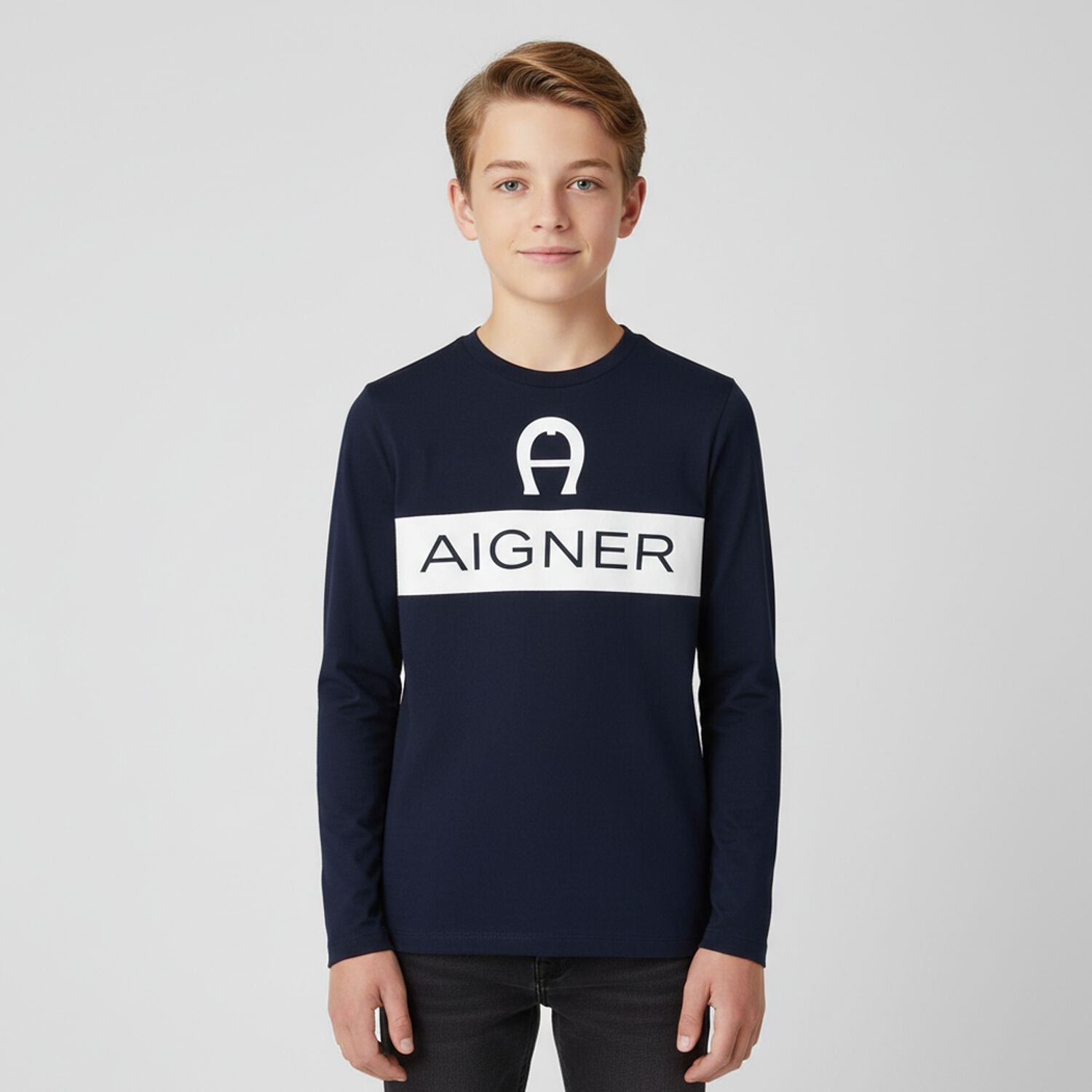 Boys Navy Blue Logo Long Sleeve, 1, hi-res image number null