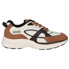 Boys White & Beige Logo Leather Trainers, 1, hi-res
