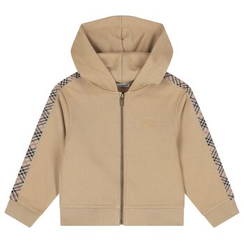 Beige Check Logo Hooded Zip Up Top