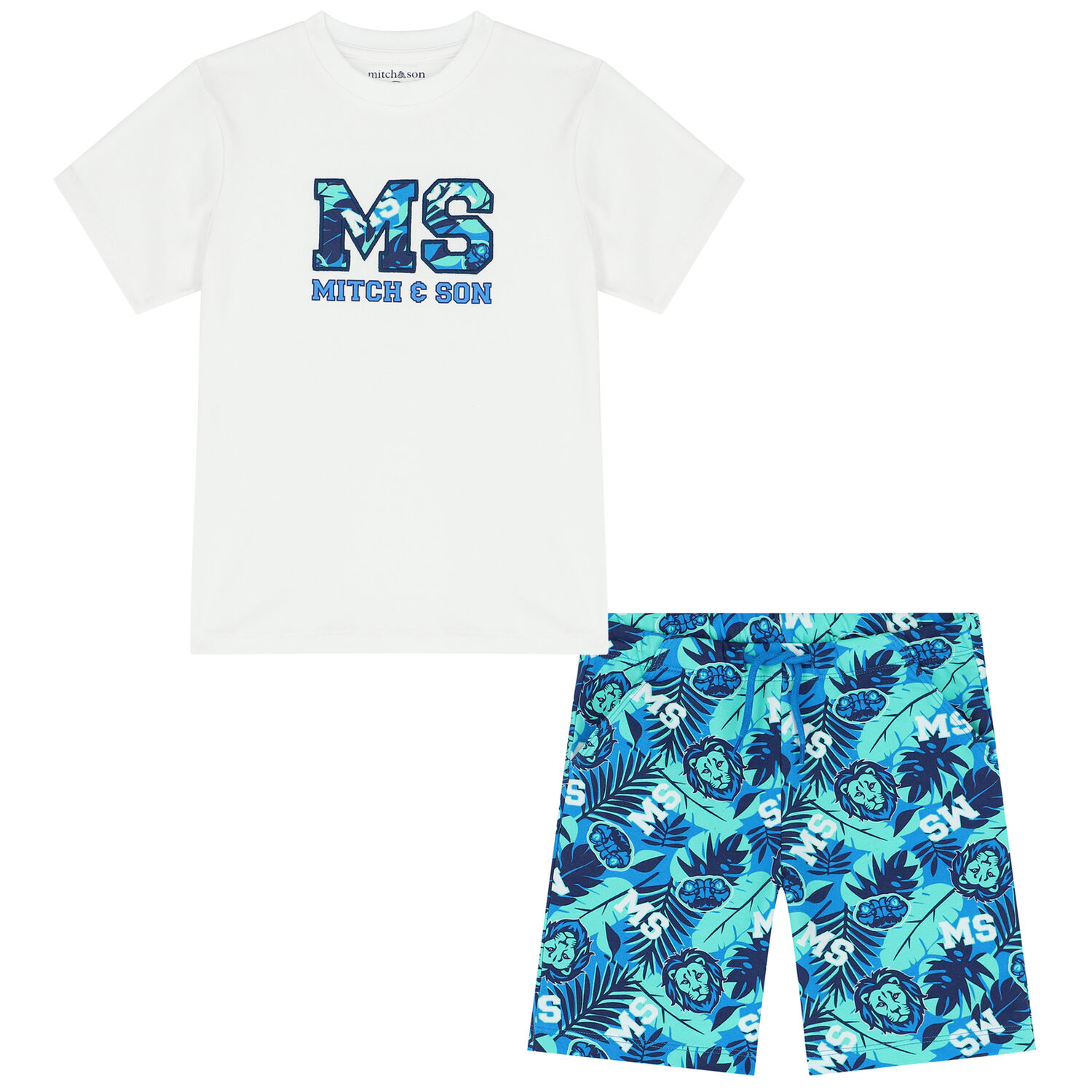 Boys White & Blue Logo Short Set, 1, hi-res
