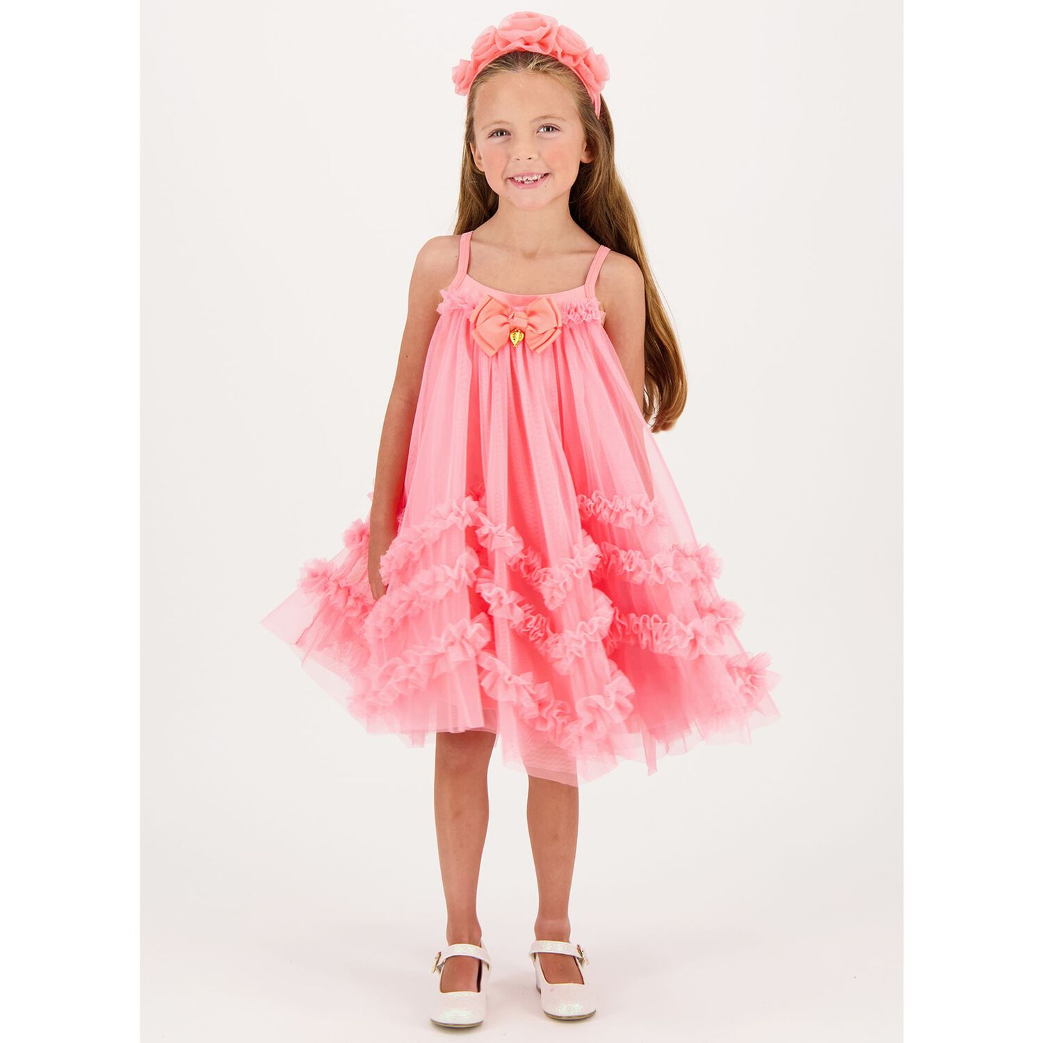 Girls Coral Tulle Dress, 1, hi-res