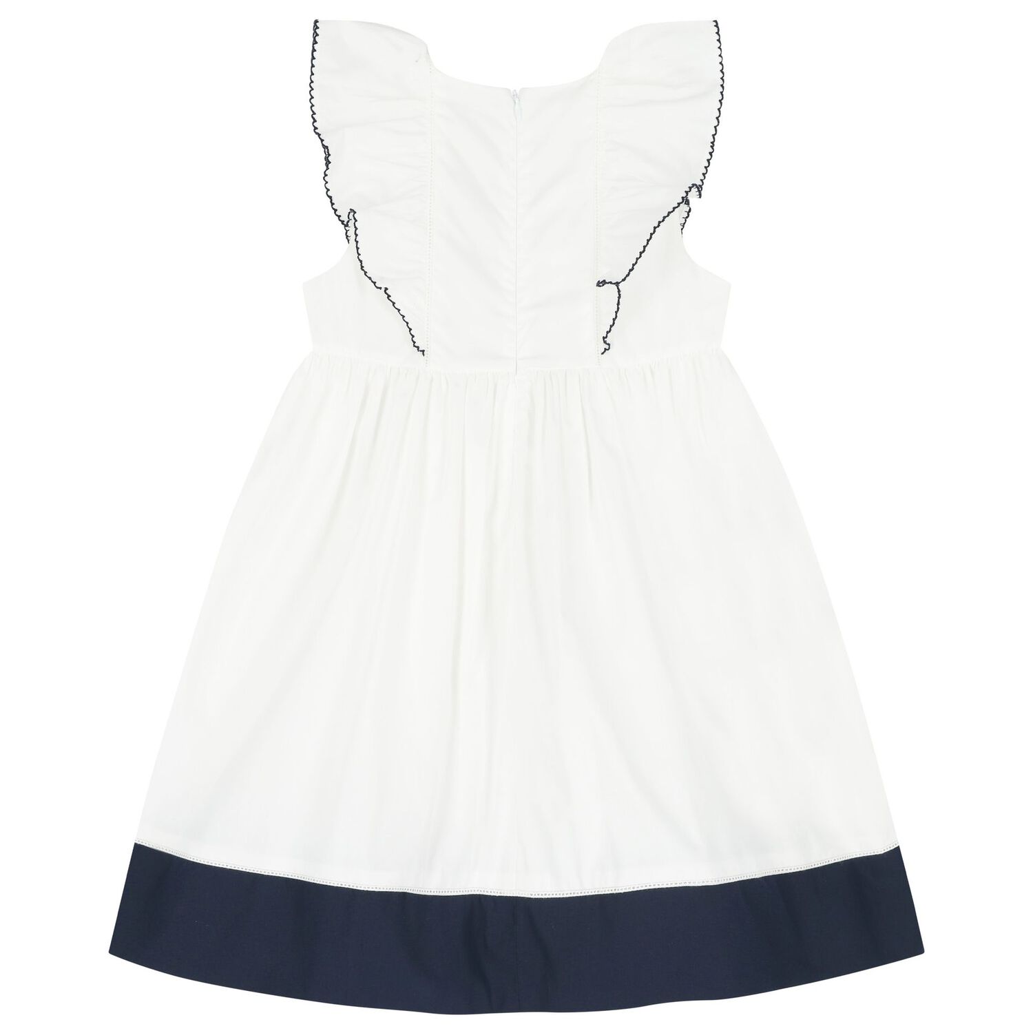 Girls White & Navy Blue Ruffled Dress, 1, hi-res image number null