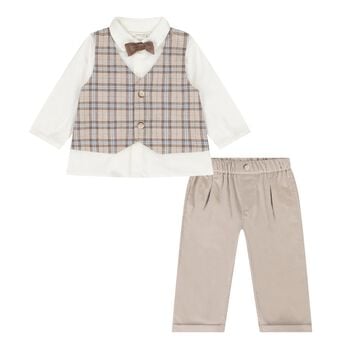 Baby Boys White & Beige Waistcoat Suit