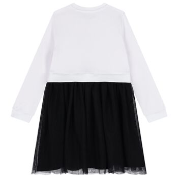 Girls White & Black Logo Tulle Dress