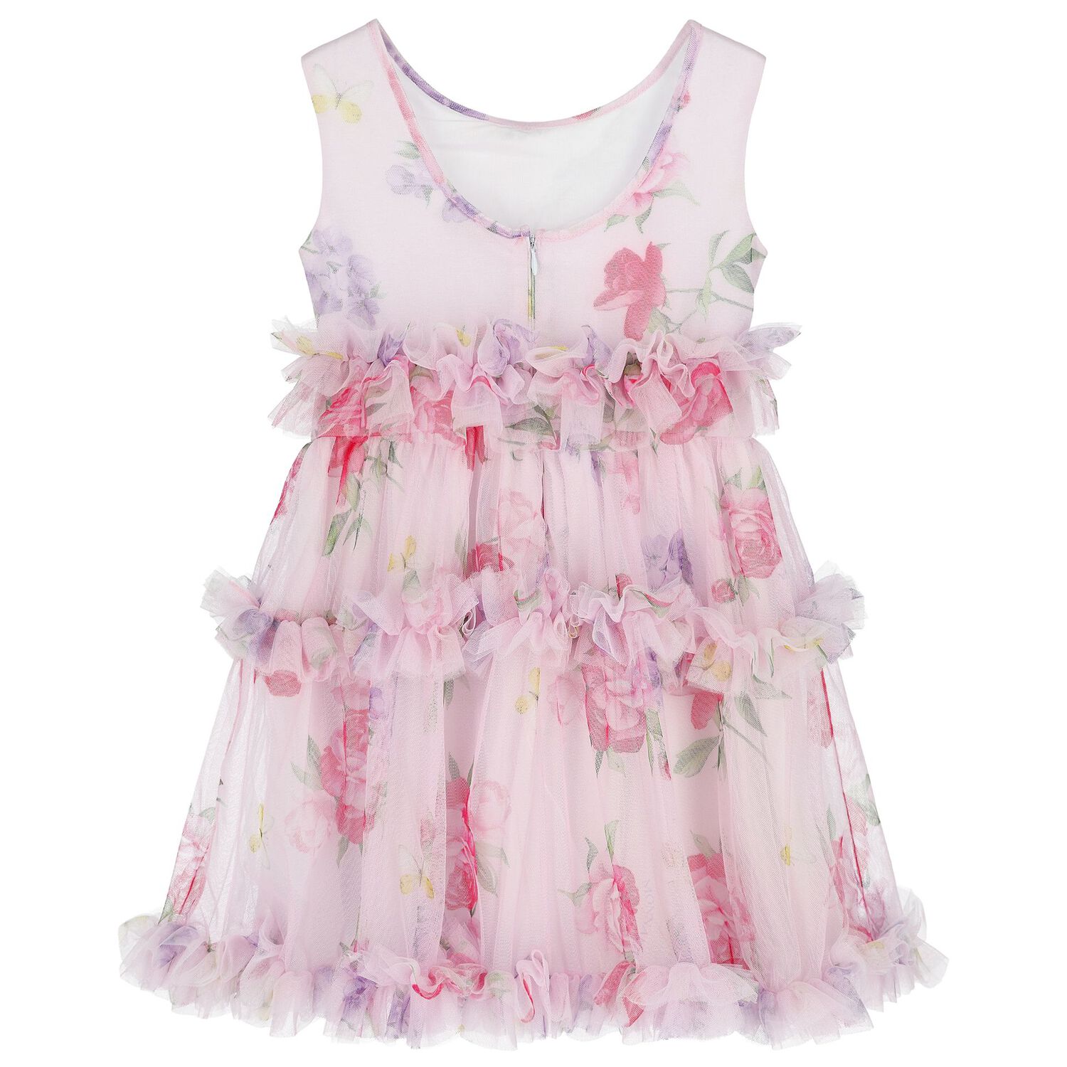 Girls Pink Floral Tulle Dress, 1, hi-res