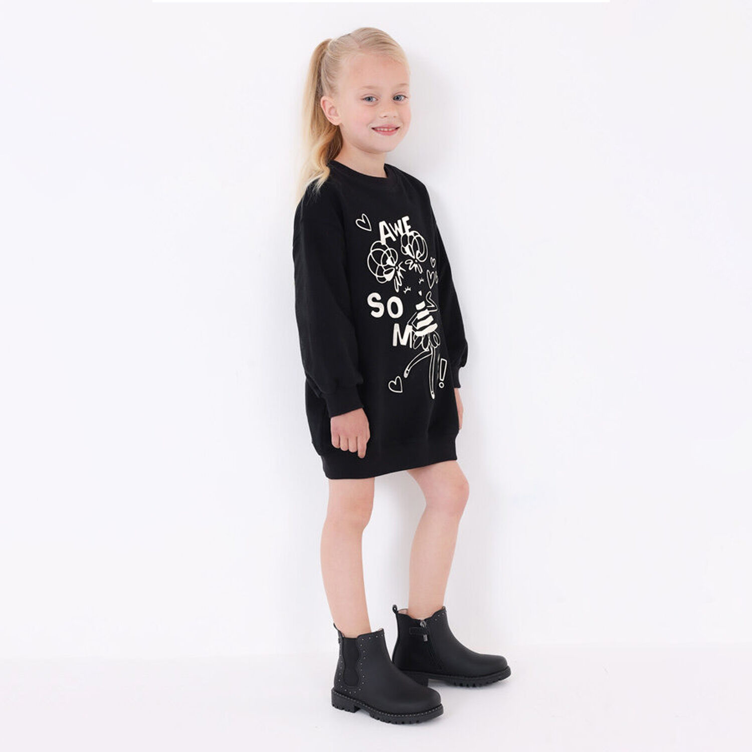 Girls Black & Silver Sweatshirt Dress, 1, hi-res image number null