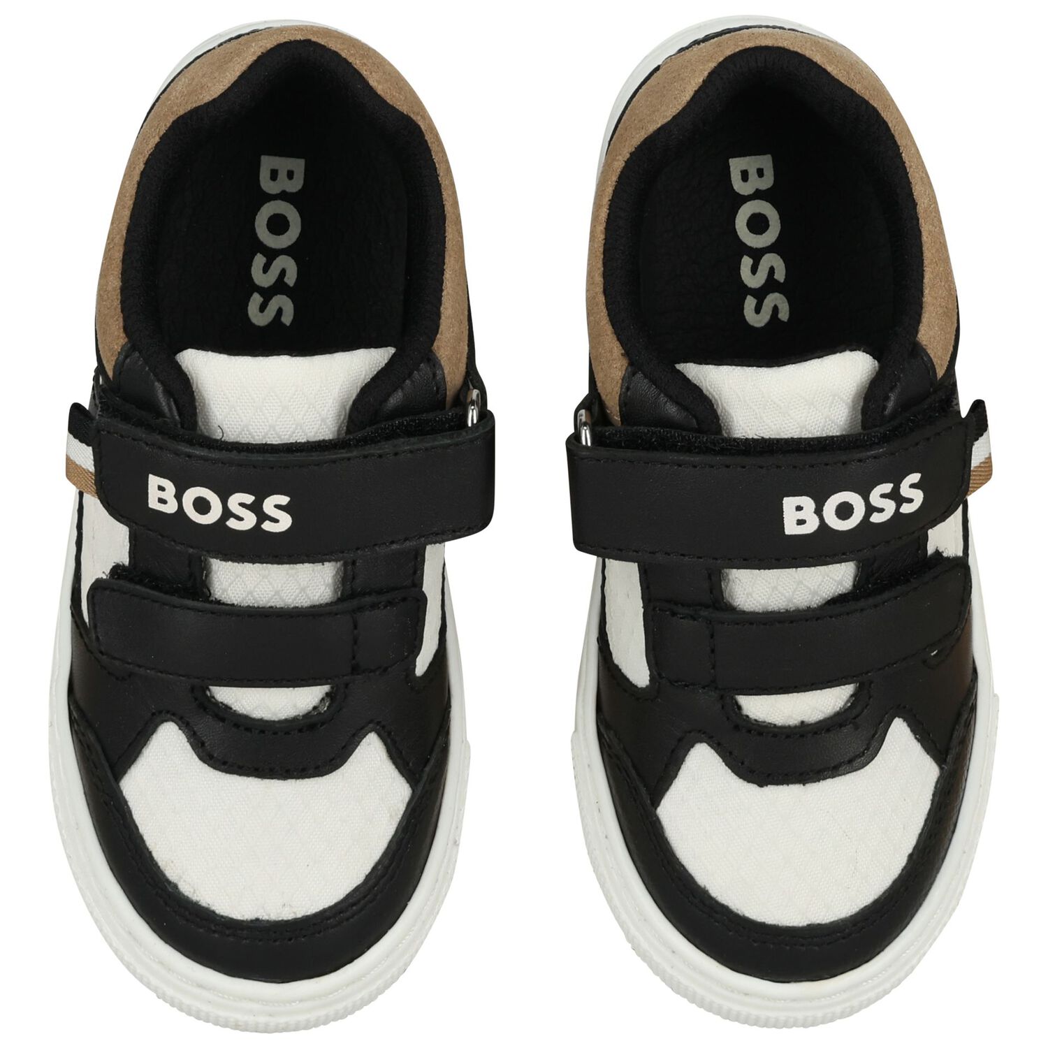 Boys Black, White & Beige Logo Trainers, 1, hi-res