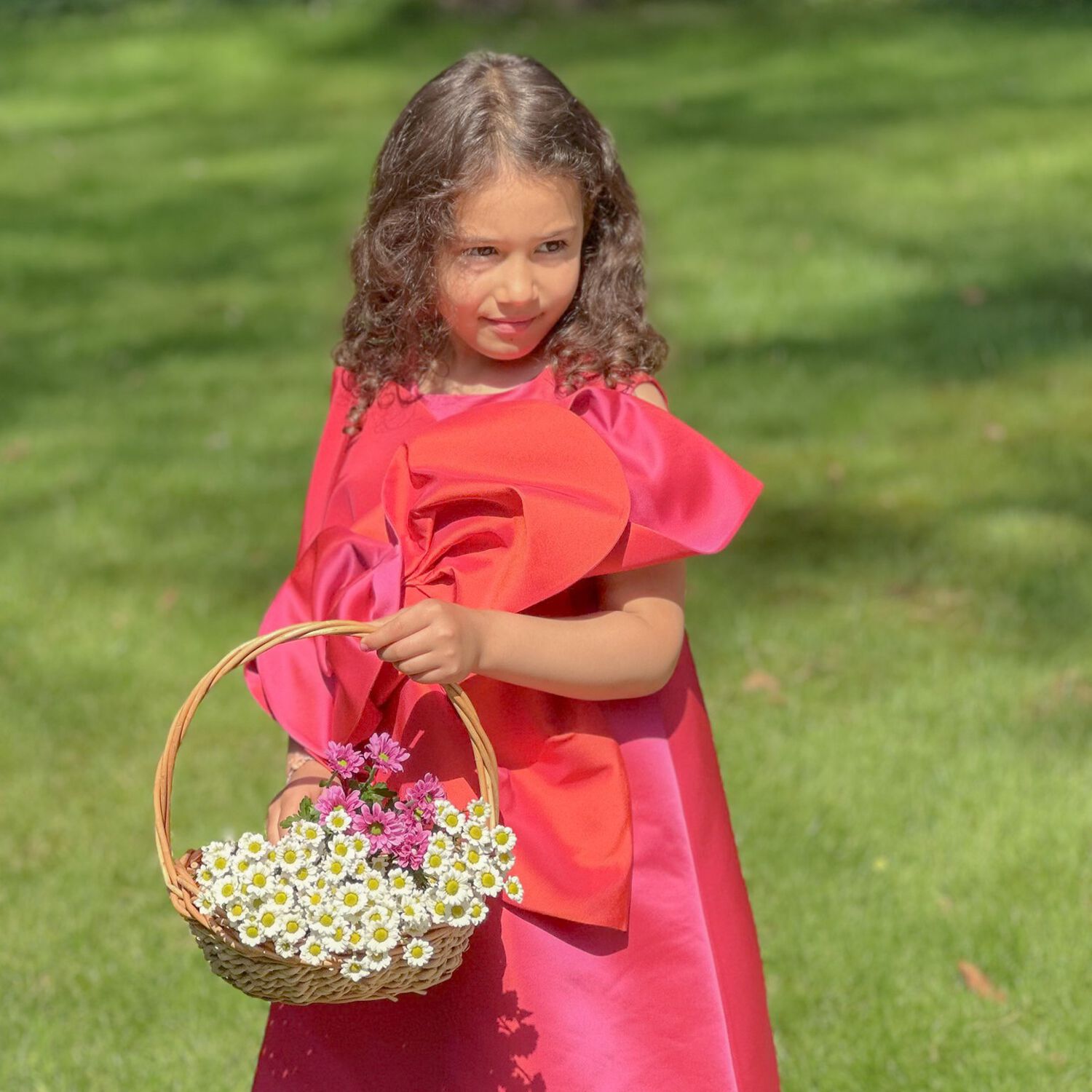 Girls Red Flower Satin Dress, 1, hi-res