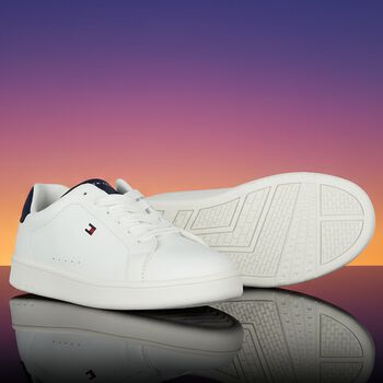 Boys White & Blue Logo Leather Trainers