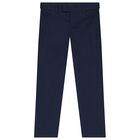 Boys Navy Blue Cotton Chino Trousers, 1, hi-res