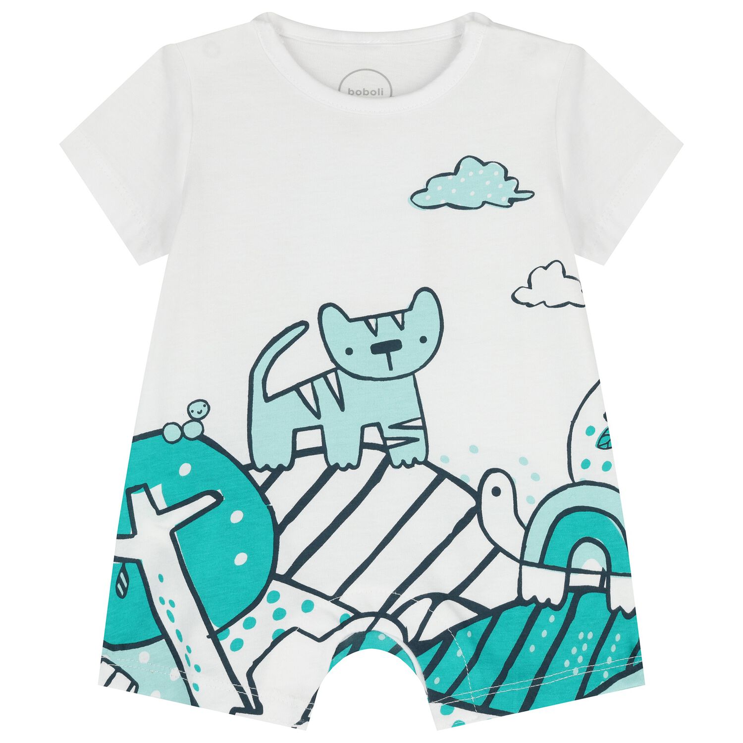 Baby Boys White Cat Romper, 1, hi-res