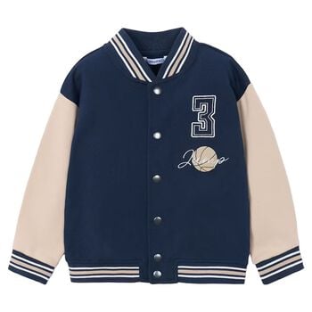 Boys Navy Blue & Beige Basketball Bomber Jacket